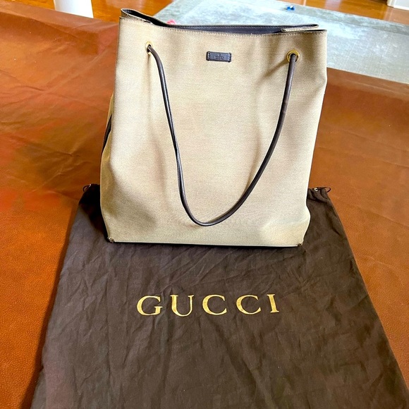 Gucci Large Canvas Tote Bag Beige Canvas/Brown Leather